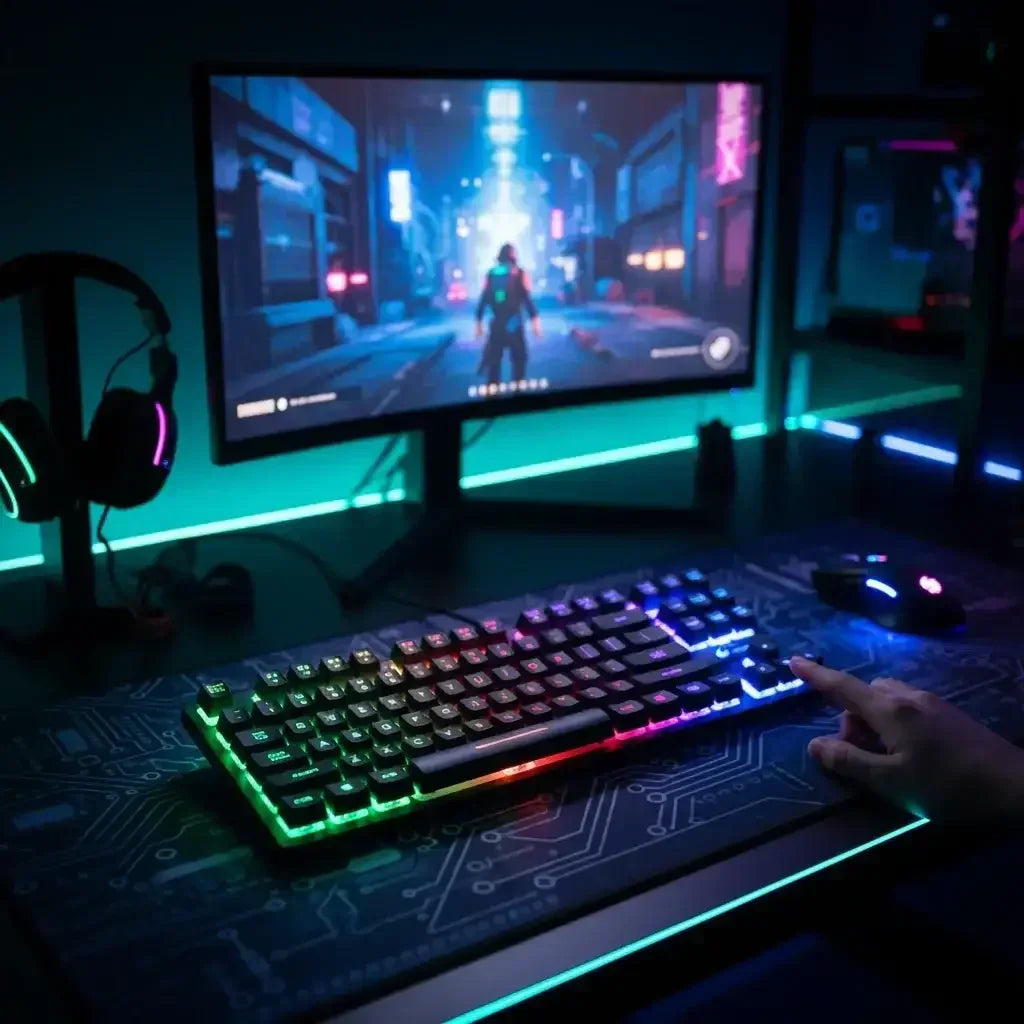 RGB backlit gaming keyboard with a hand pointing at keys, gaming mouse, headset, and cyberpunk video game on monitor