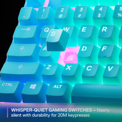 Close-up of teal mechanical gaming keyboard keys with illuminated pink switch and text about whisper-quiet switches