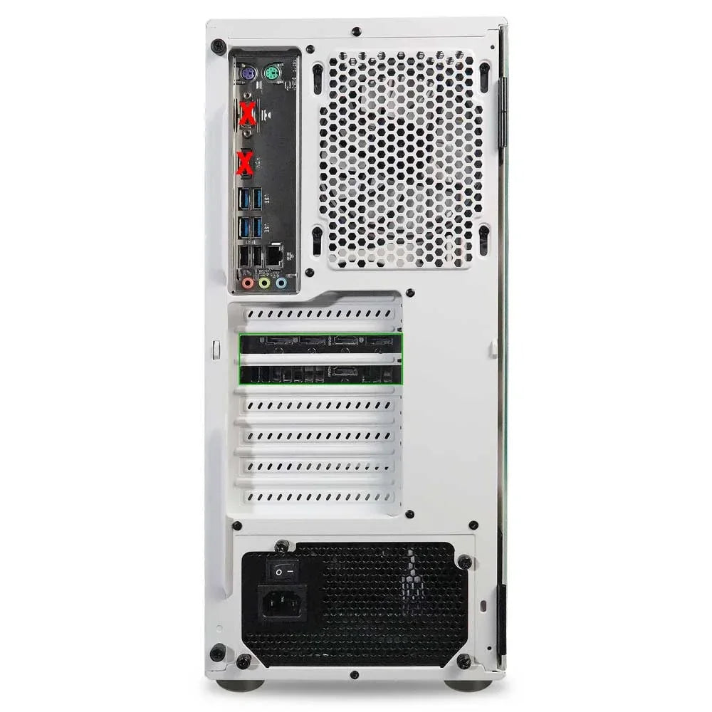 Back panel of a white gaming PC case showing multiple USB, audio, video ports, and ventilation fan