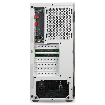 Back panel of a white gaming PC case showing multiple USB, audio, video ports, and ventilation fan