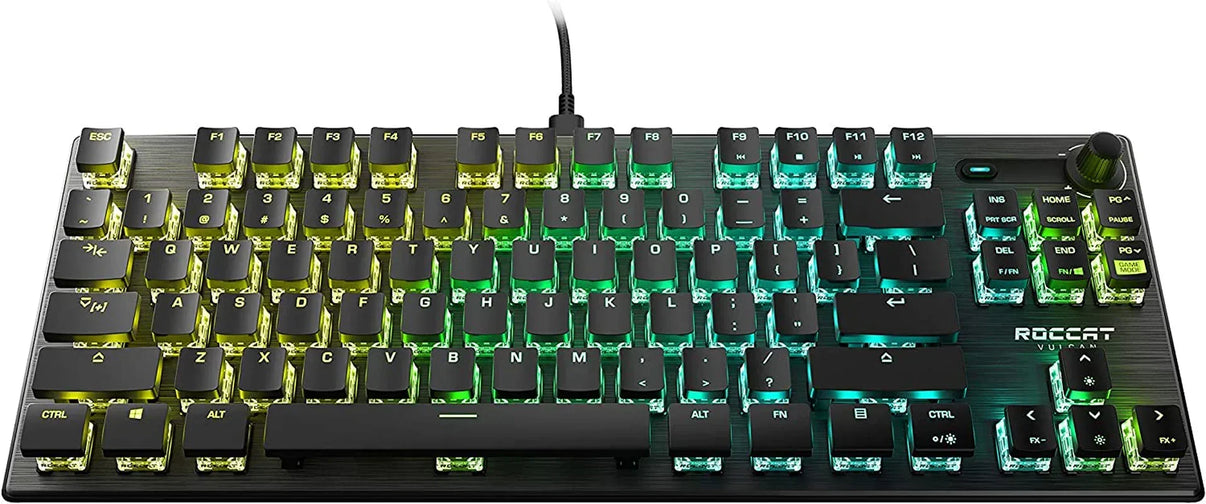 RGB mechanical gaming keyboard with black keycaps and yellow-green backlighting, on desk