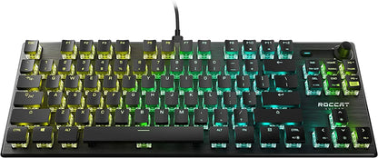 RGB mechanical gaming keyboard with black keycaps and yellow-green backlighting, on desk