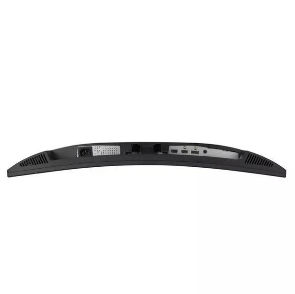 Rear view of curved monitor showing power port, audio jacks, USB ports, and ventilation slots