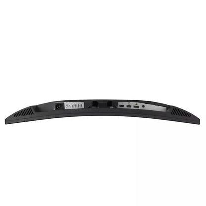 Rear view of curved monitor showing power port, audio jacks, USB ports, and ventilation slots