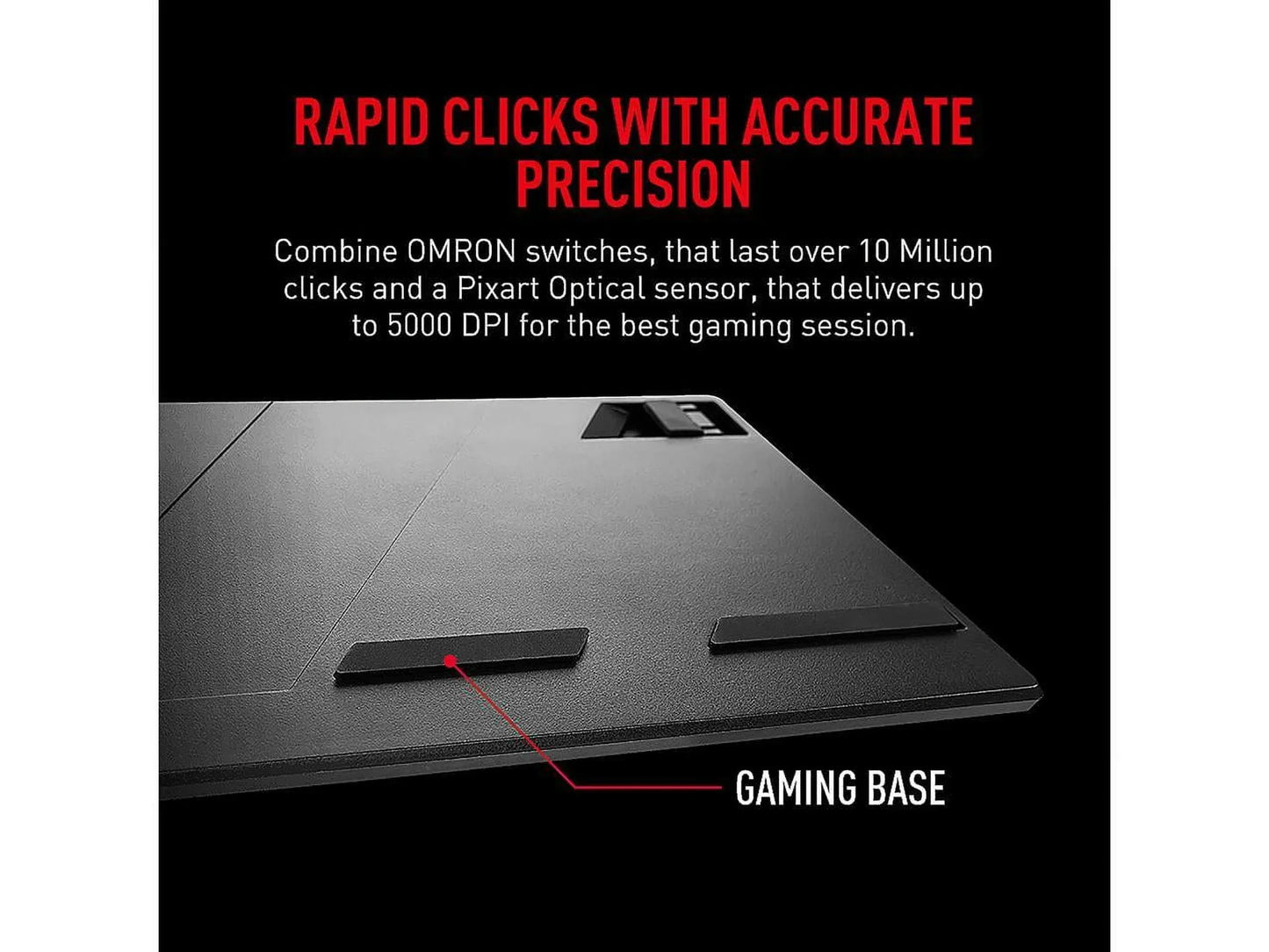 Close-up of gaming mouse base with durable feet, OMRON switches, and Pixart sensor for precision.