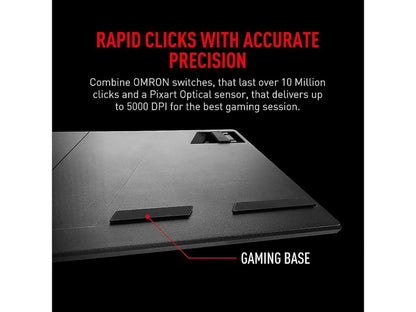 Close-up of gaming mouse base with durable feet, OMRON switches, and Pixart sensor for precision.