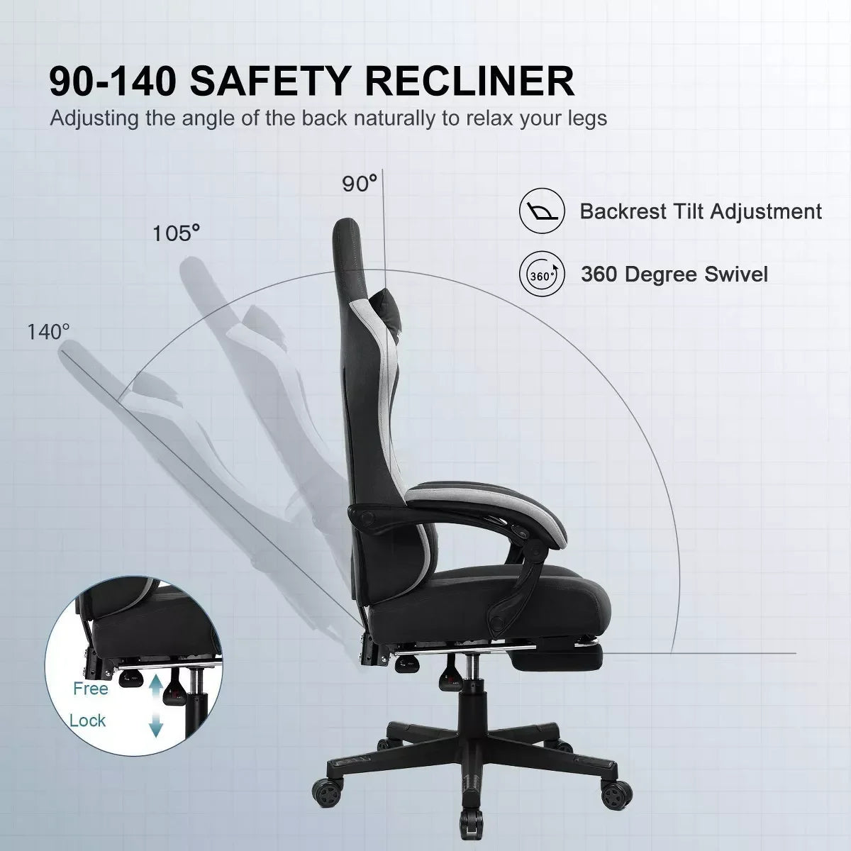 Black ergonomic office chair with adjustable backrest tilt from 90 to 140 degrees and 360-degree swivel