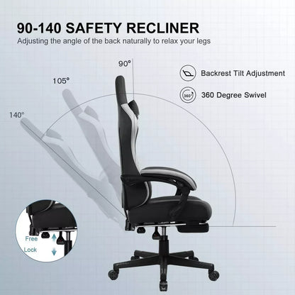 Black ergonomic office chair with adjustable backrest tilt from 90 to 140 degrees and 360-degree swivel