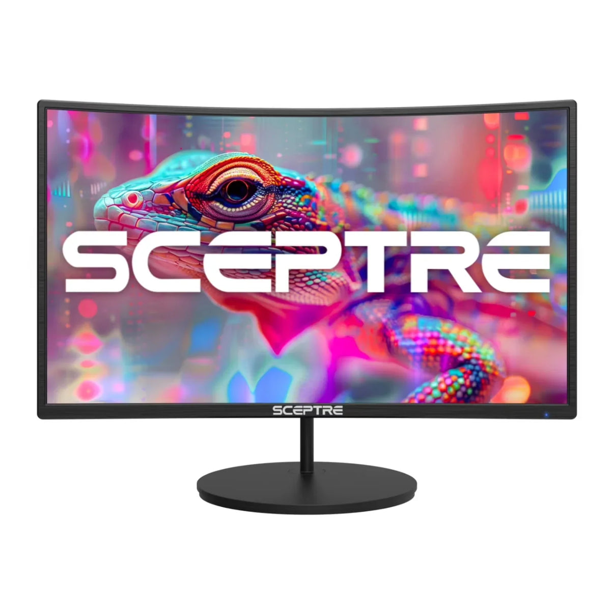 Curved Sceptre gaming monitor with vivid colorful lizard graphic on screen, black stand base