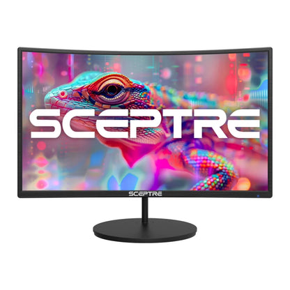 Curved Sceptre gaming monitor with vivid colorful lizard graphic on screen, black stand base