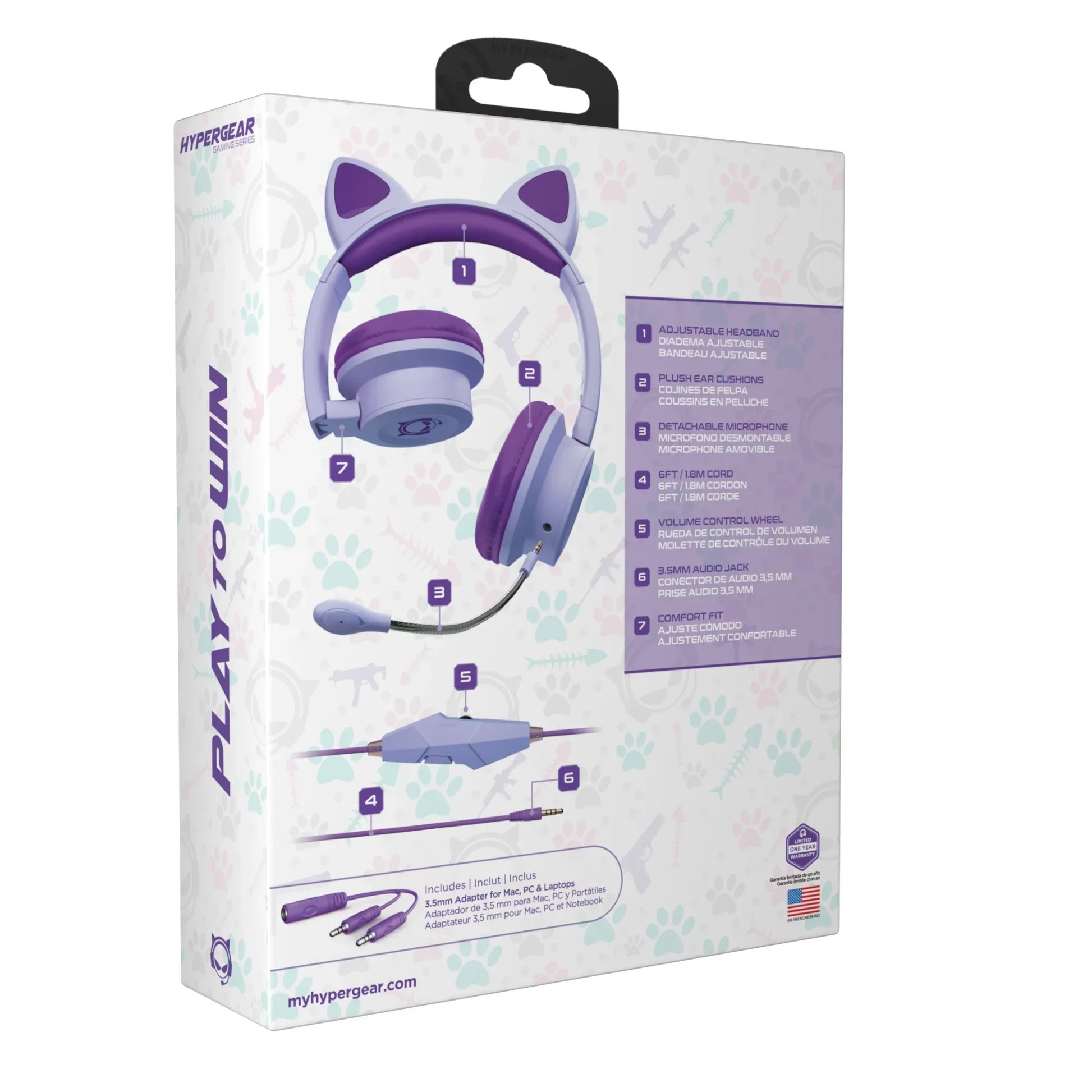 Hypergear cat ear gaming headset with adjustable headband, plush cushions, detachable mic, and volume control