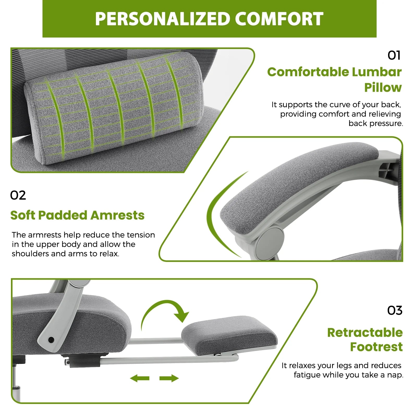 Ergonomic gaming chair with lumbar pillow, padded armrests, and retractable footrest for personalized comfort