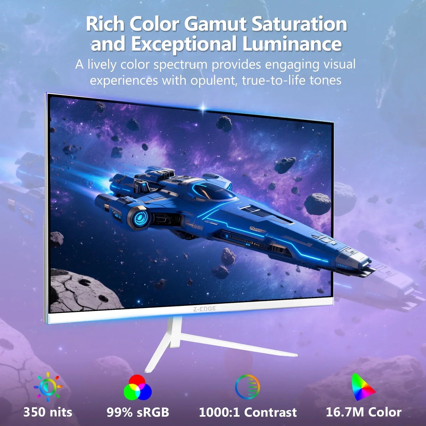 Z-edge monitor showcasing rich color gamut, 350 nits brightness, 99% sRGB, and 1000:1 contrast with space shooter game