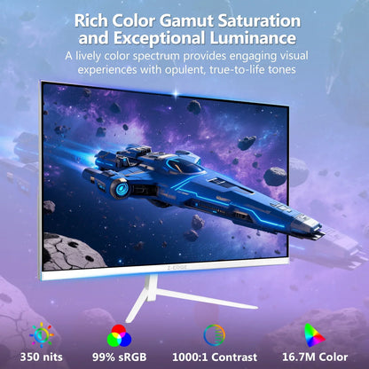 Z-edge monitor showcasing rich color gamut, 350 nits brightness, 99% sRGB, and 1000:1 contrast with space shooter game