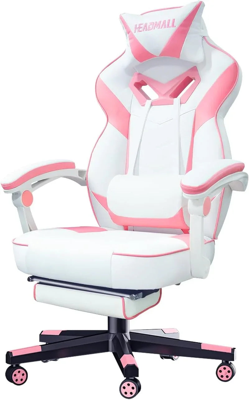 White and pink ergonomic gaming chair with headrest pillow and adjustable armrests