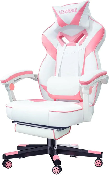 White and pink ergonomic gaming chair with headrest pillow and adjustable armrests