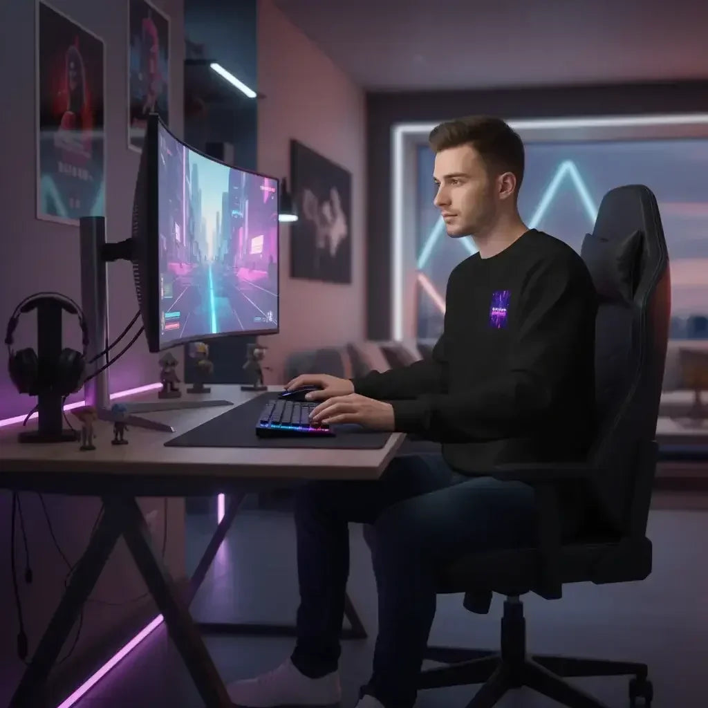 Young man focused on playing video games at a curved monitor in a modern gaming setup with RGB keyboard