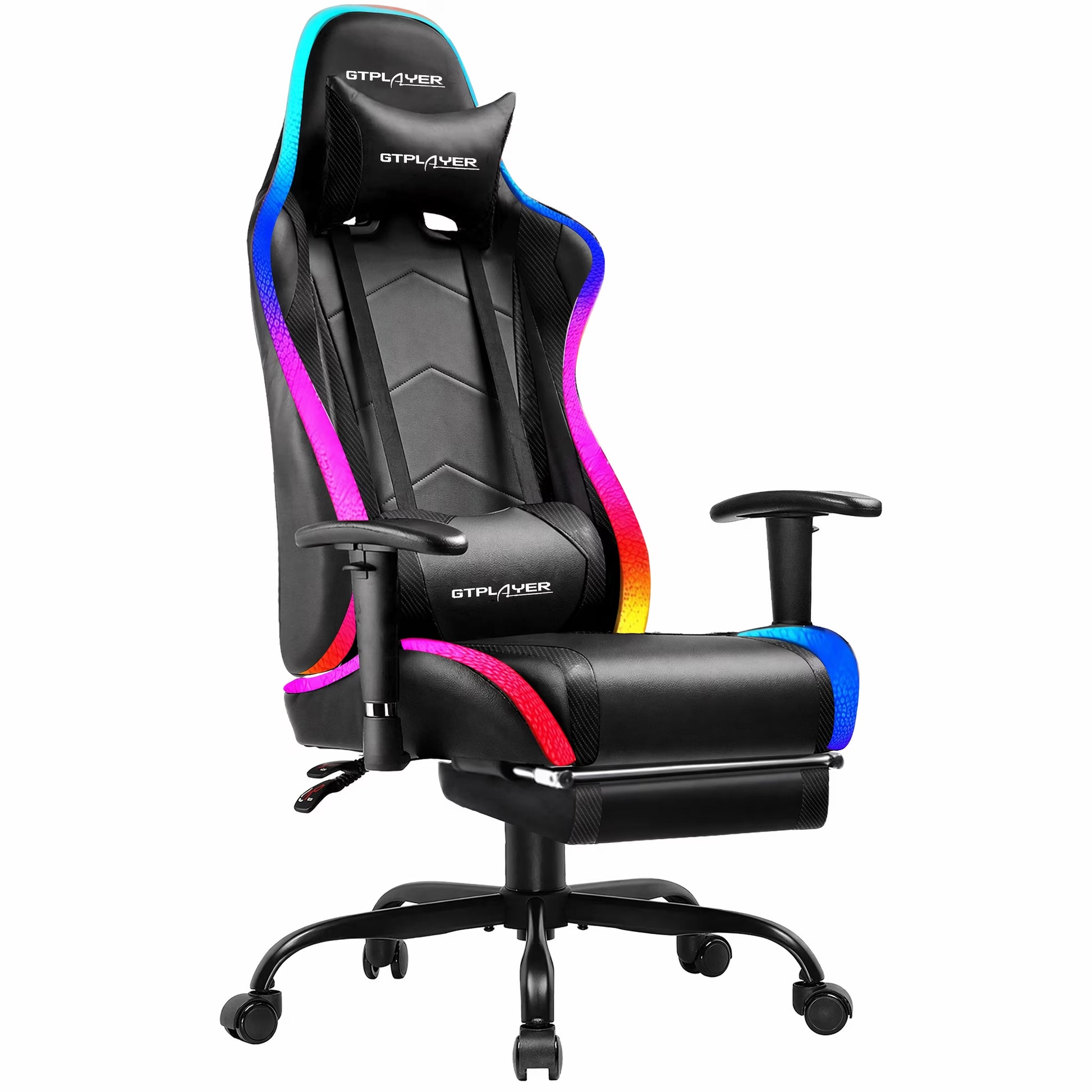GTPLAYER gaming chair with rainbow LED accents, ergonomic design, lumbar & neck support for PC setup