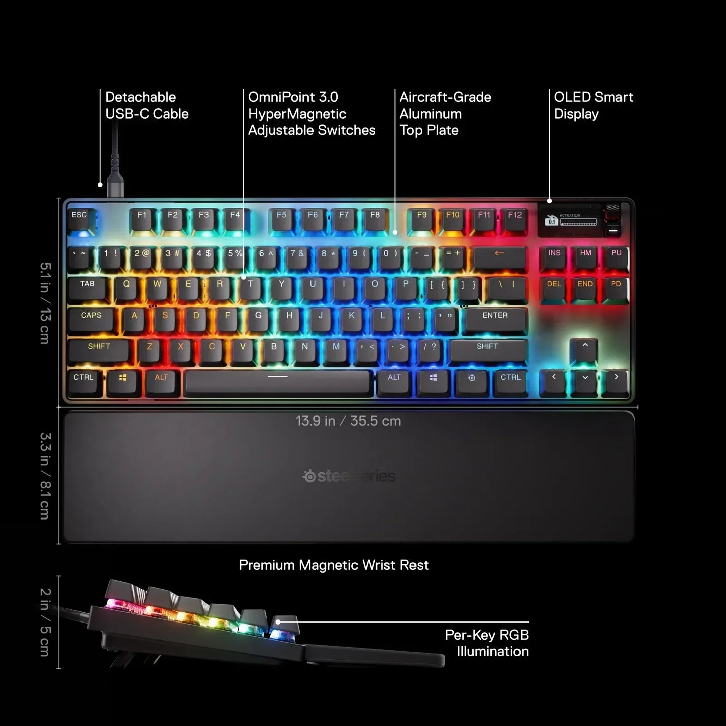 RGB gaming keyboard with wrist rest, OLED display, aluminum top, and adjustable switches.