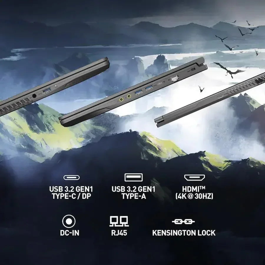 Slim gaming laptop with USB-C, USB-A, HDMI, DC-IN, RJ45, and Kensington lock ports shown.
