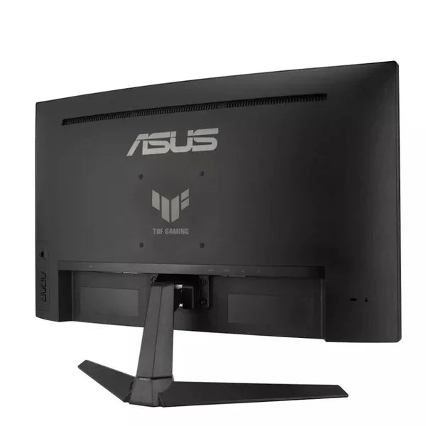 Back view of ASUS TUF Gaming monitor with black angular stand and ventilation slots