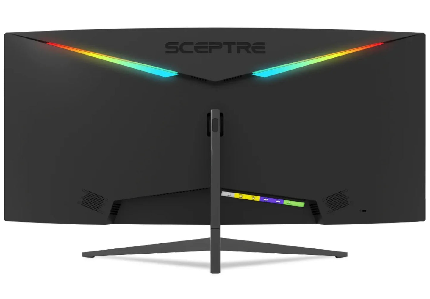 Rear view of a black Sceptre gaming monitor with customizable RGB lighting and a sturdy V-shaped stand