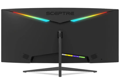 Rear view of a black Sceptre gaming monitor with customizable RGB lighting and a sturdy V-shaped stand