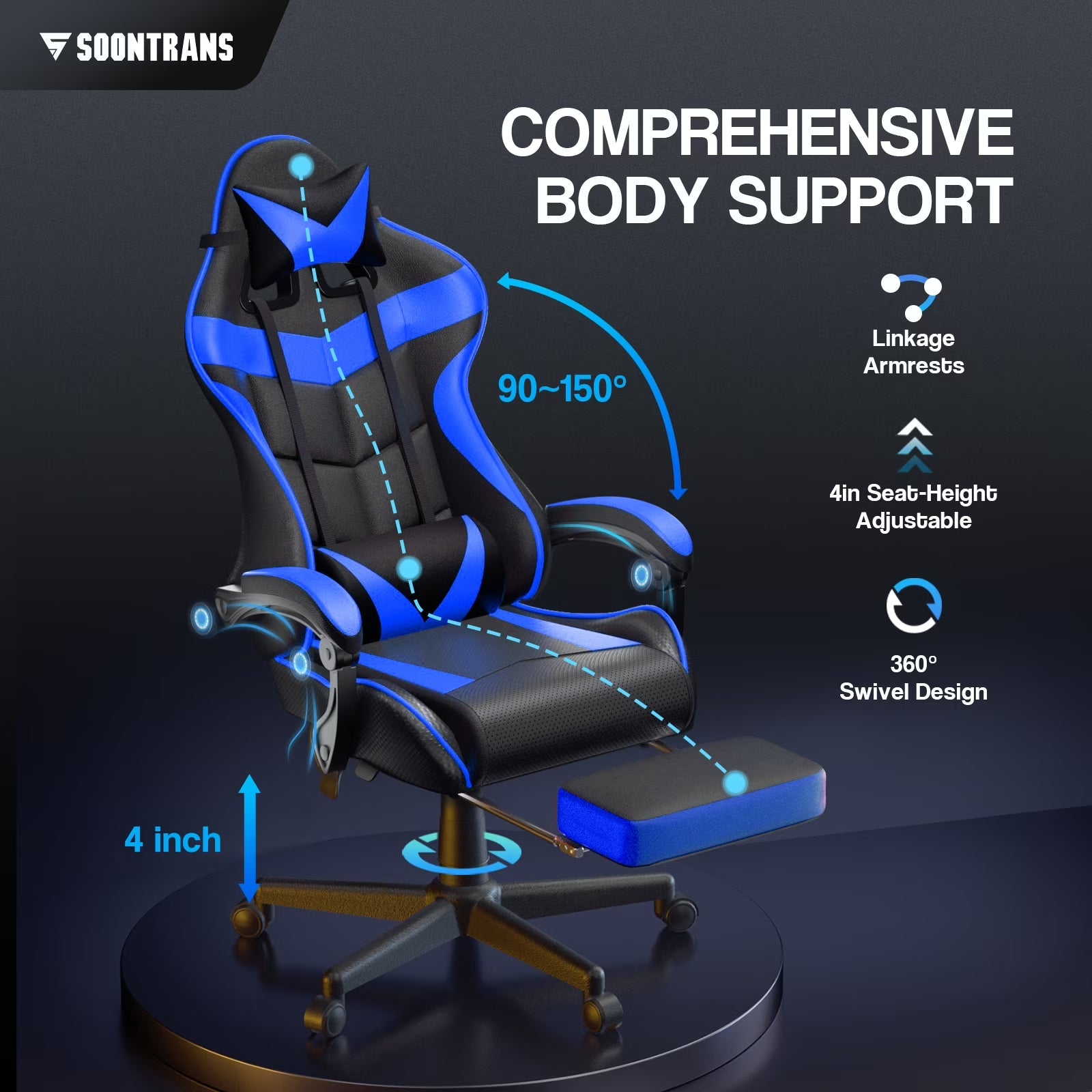 Blue and black gaming chair with lumbar support, adjustable height, 360° swivel, and recline for ergonomic comfort
