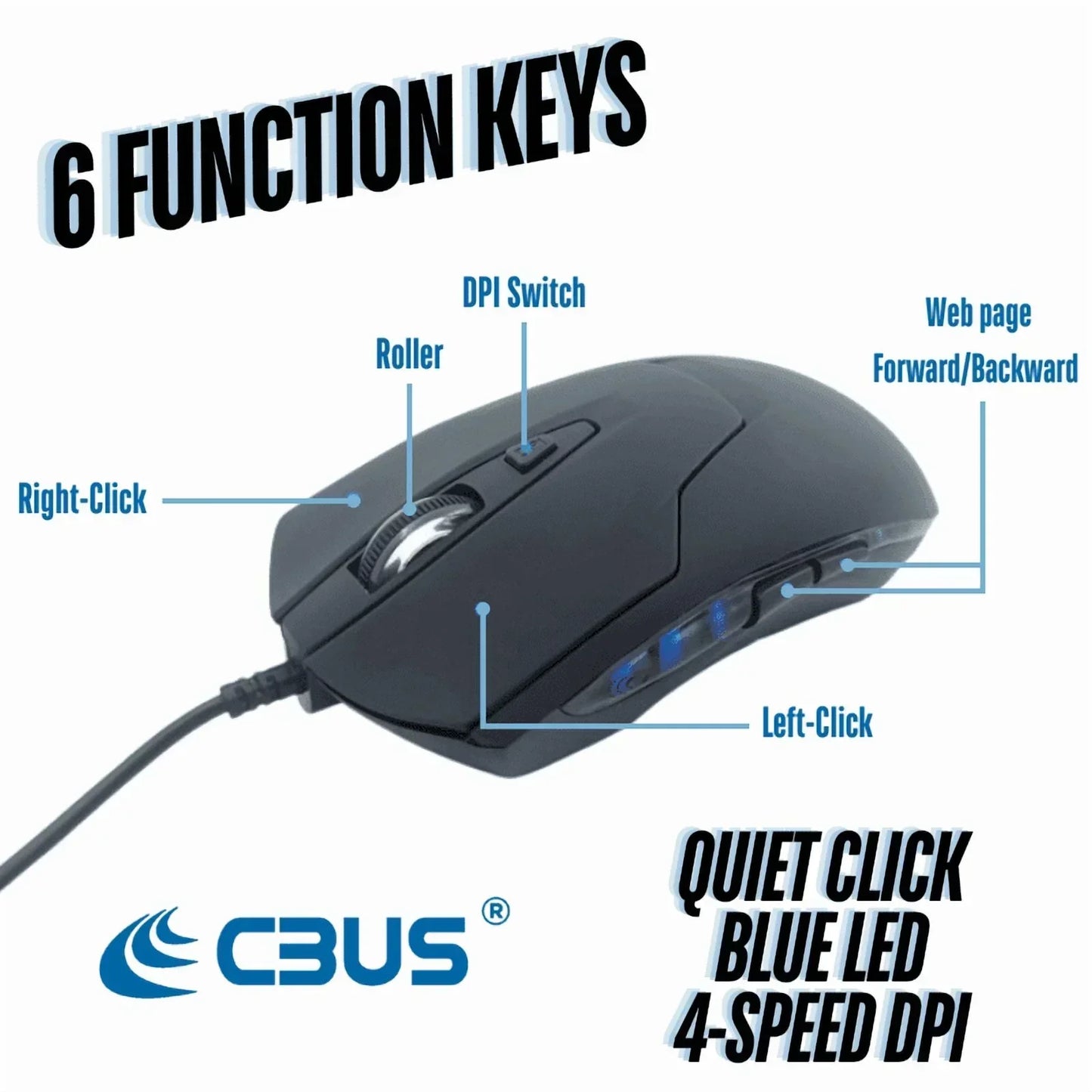 Wired gaming mouse with 6 function keys, quiet click, blue LED, and 4-speed DPI settings.
