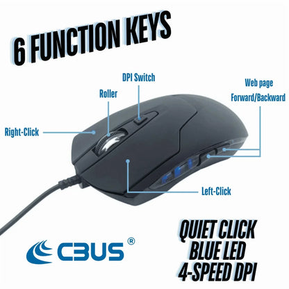Wired gaming mouse with 6 function keys, quiet click, blue LED, and 4-speed DPI settings.