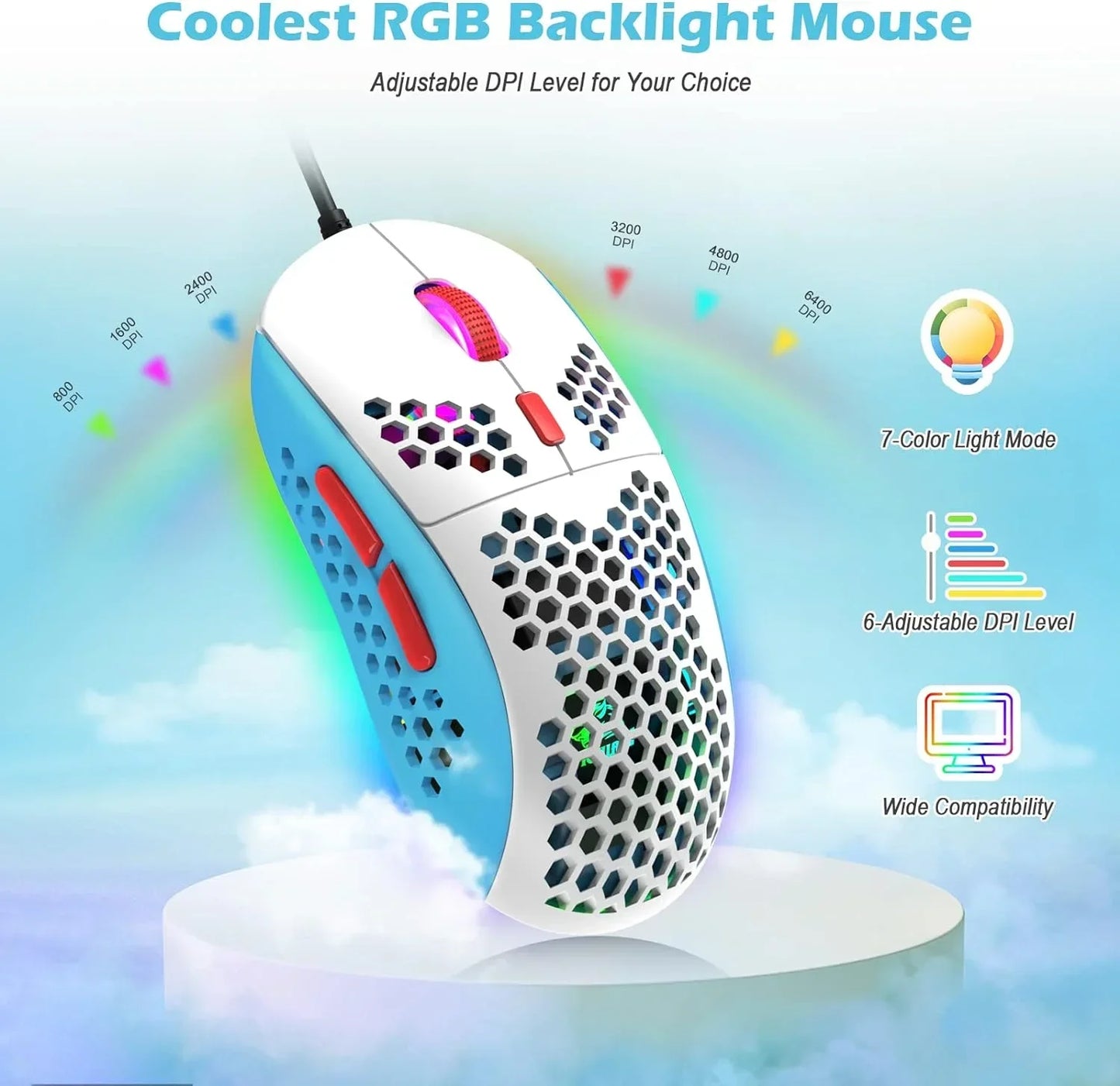 White and blue RGB gaming mouse with honeycomb design, red buttons, adjustable DPI up to 6400, 7-color backlight