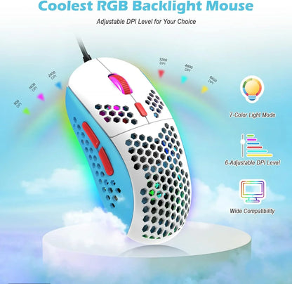 White and blue RGB gaming mouse with honeycomb design, red buttons, adjustable DPI up to 6400, 7-color backlight