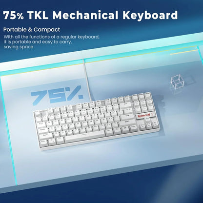 White 75% TKL mechanical gaming keyboard on a glass desk, compact and portable design