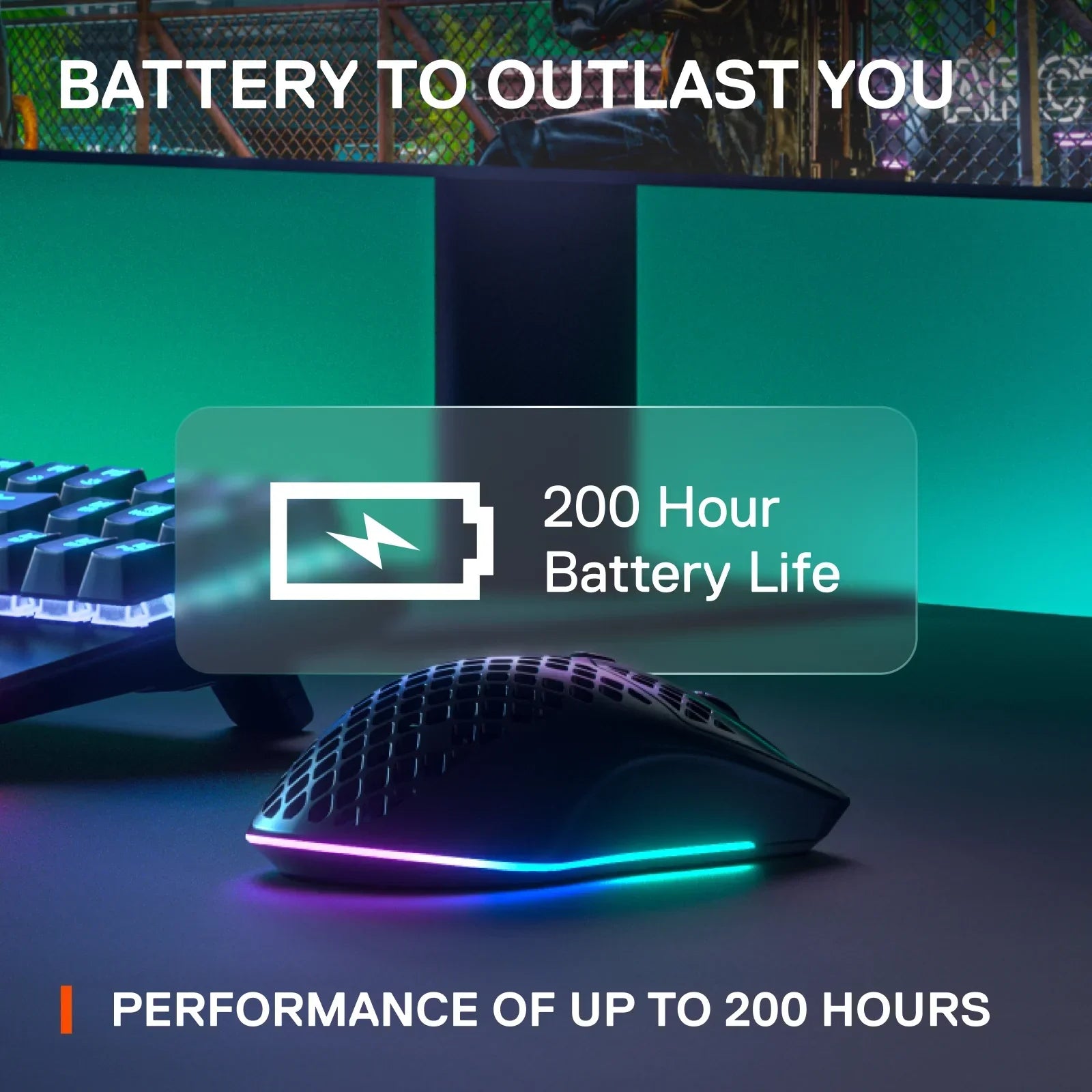 RGB-lit gaming mouse with 200-hour battery life and mechanical keyboard in a dark gaming setup