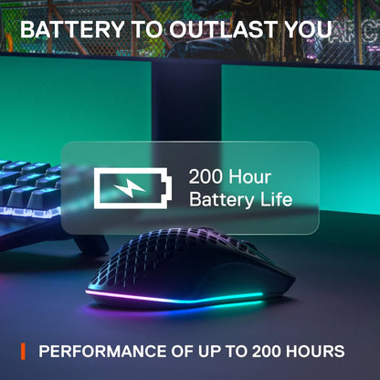 RGB-lit gaming mouse with 200-hour battery life and mechanical keyboard in a dark gaming setup