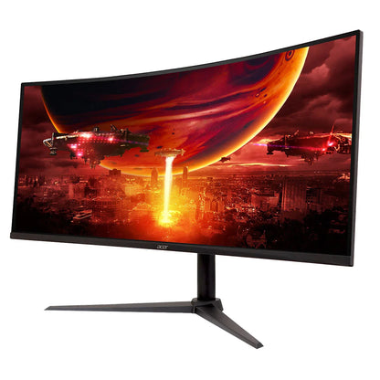 Acer curved gaming monitor displaying a sci-fi cityscape with spaceships and a large glowing planet in a red sky