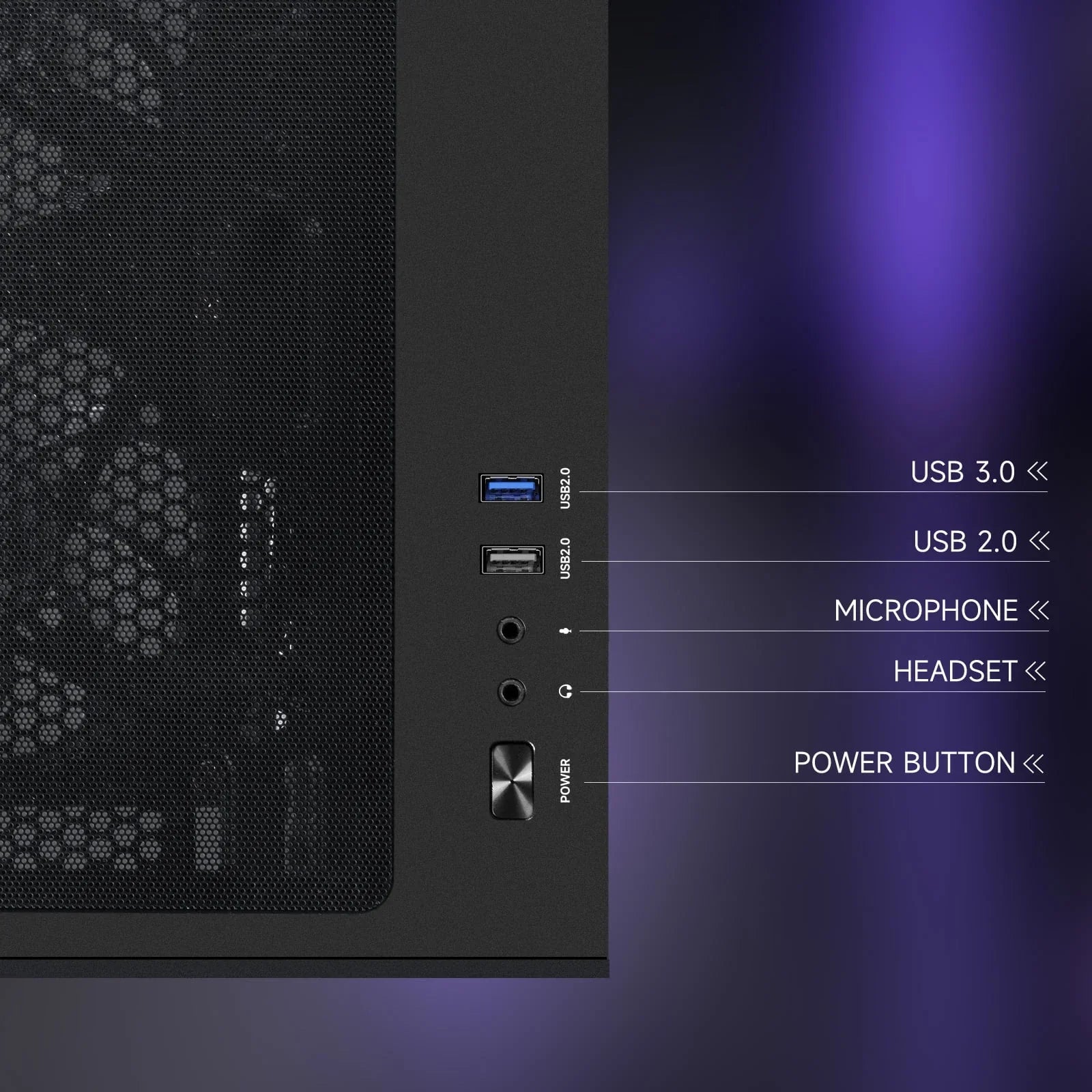 Close-up of gaming PC case front panel showing USB 3.0, USB 2.0 ports, microphone & headset jacks, power button