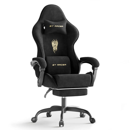 Black ST RACER gaming chair with gold logo, lumbar pillow, and footrest for ergonomic PC setup
