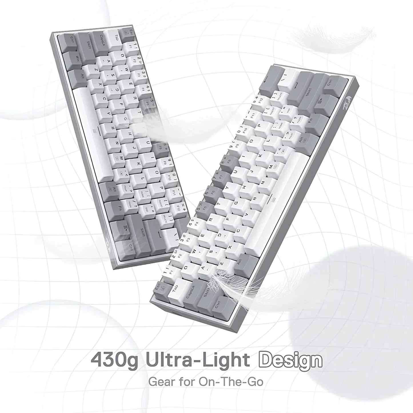 Ultra-light 430g white and gray compact gaming keyboards on modern grid background