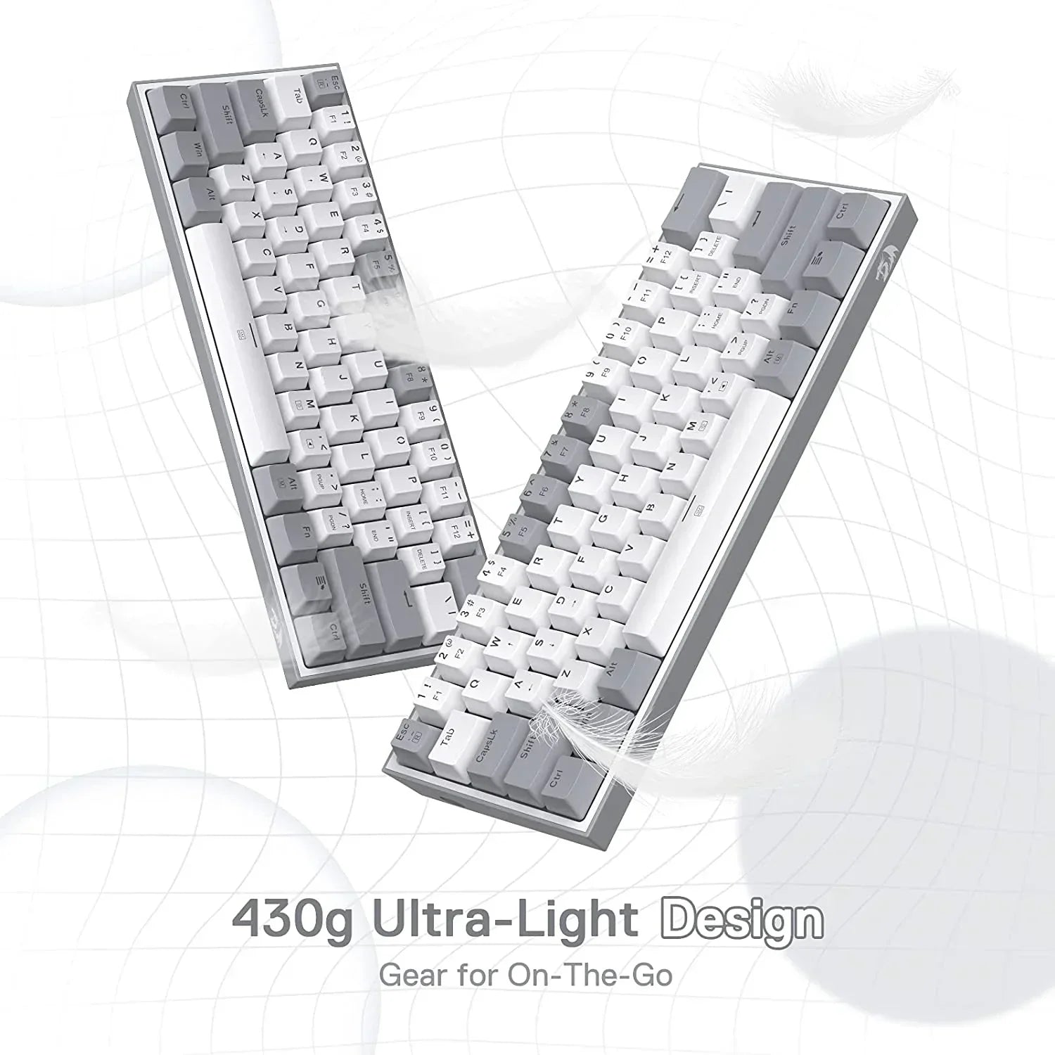 Ultra-light 430g white and gray compact gaming keyboards on modern grid background