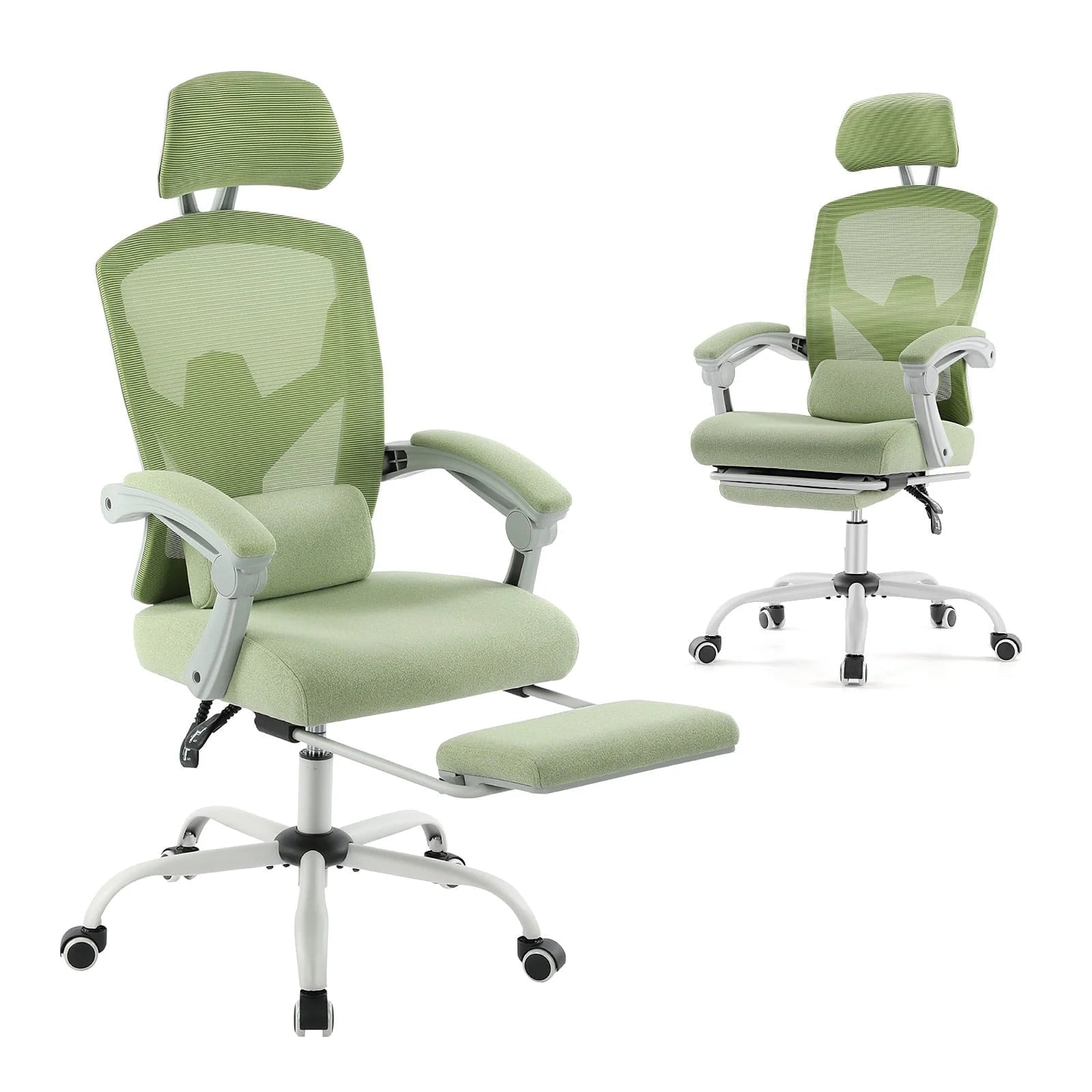 Green ergonomic gaming chair with mesh back, headrest, lumbar support, and footrest for comfort