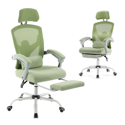 Green ergonomic gaming chair with mesh back, headrest, lumbar support, and footrest for comfort