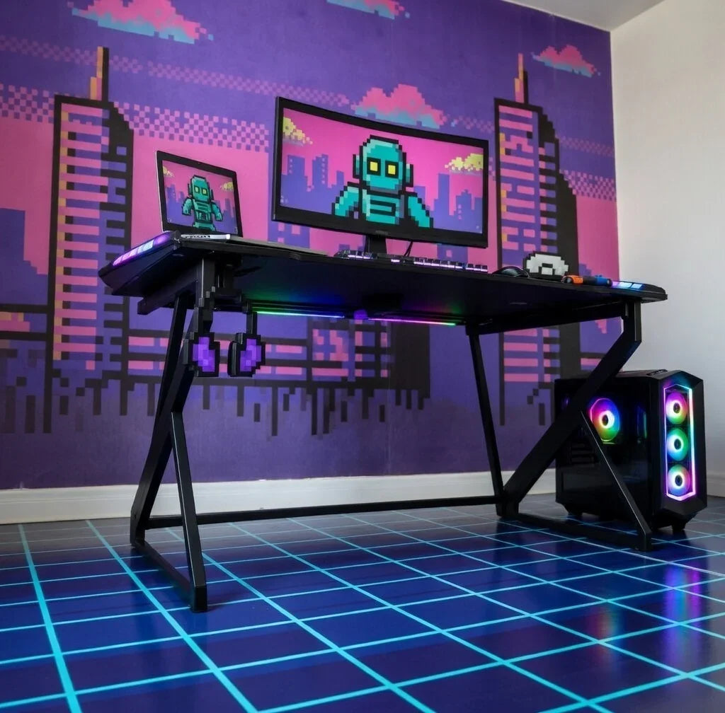 Retro 8-bit gaming setup with LED RGB PC, dual monitors, and pixel art city wall mural