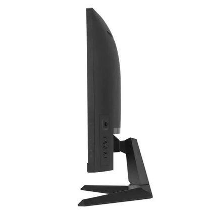 Side view of slim black gaming monitor with angular stand on white background