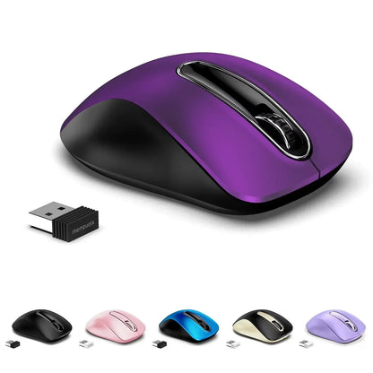 Wireless gaming mouse with USB dongle in purple, black, pink, blue, gold, and lavender colors