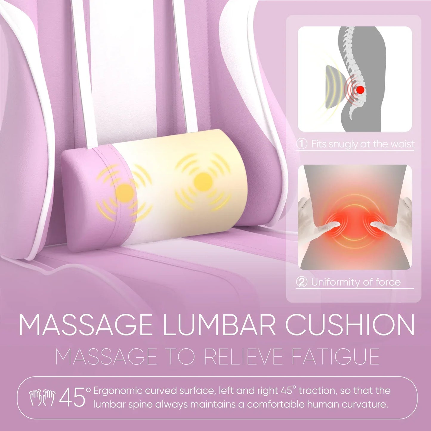 Pink and white massage lumbar cushion on chair with ergonomic design and vibration icons