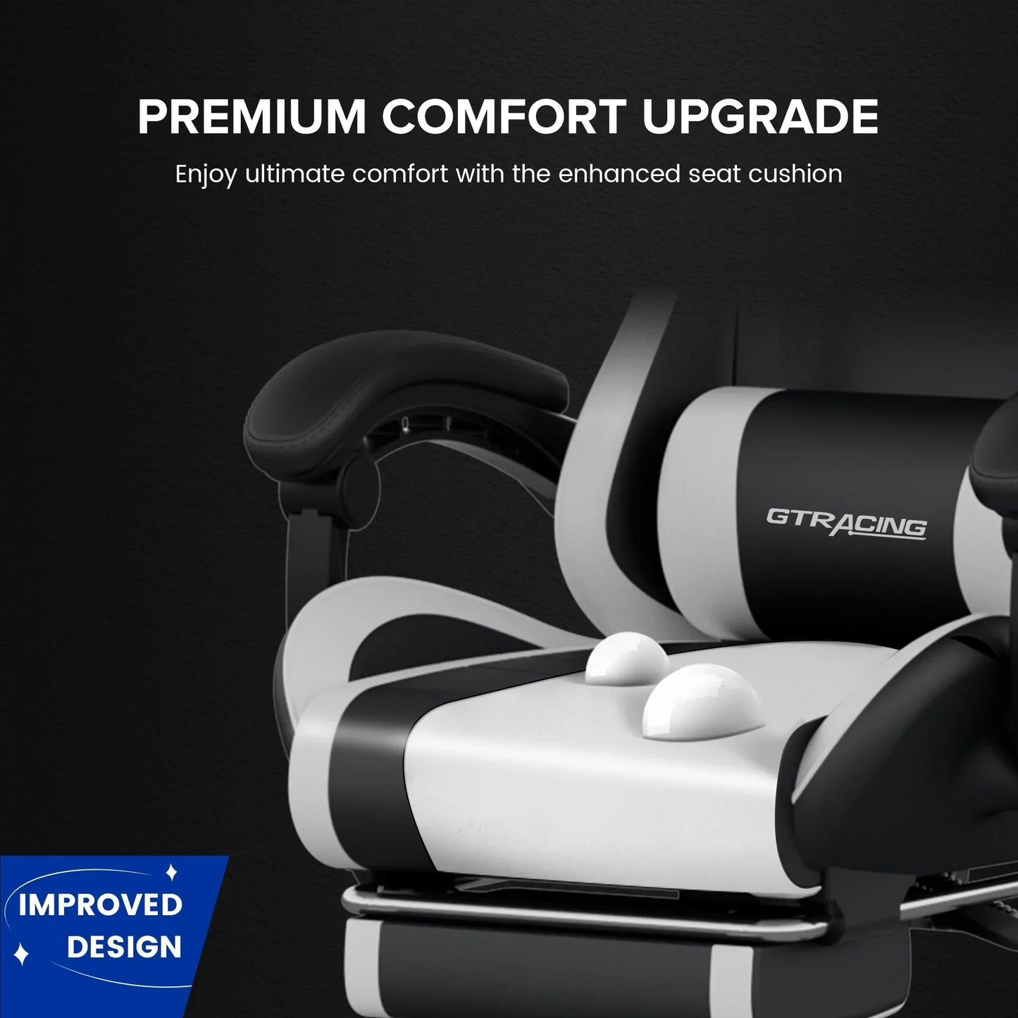 Black and white GTRacing premium comfort gaming chair with enhanced seat cushion and armrests