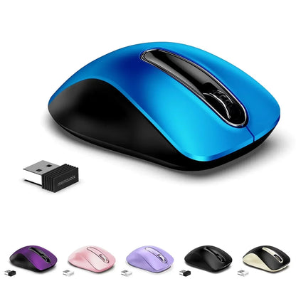 Wireless ergonomic mouse in multiple colors with USB receiver, ideal for gaming setups