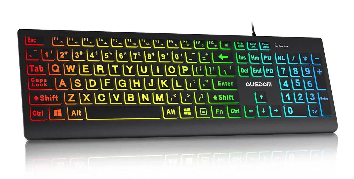 RGB backlit gaming keyboard with large letters, black keys, and AUSDOM branding