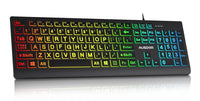 RGB backlit gaming keyboard with large letters, black keys, and AUSDOM branding